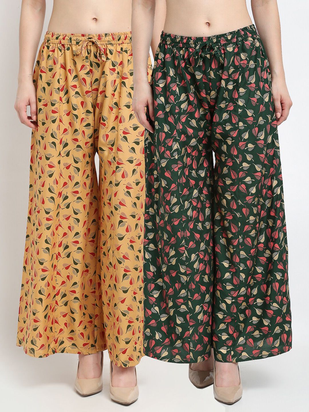 Jinfo Women Set Of 2 Beige & Green Floral Printed Flared Ethnic Palazzos Price in India