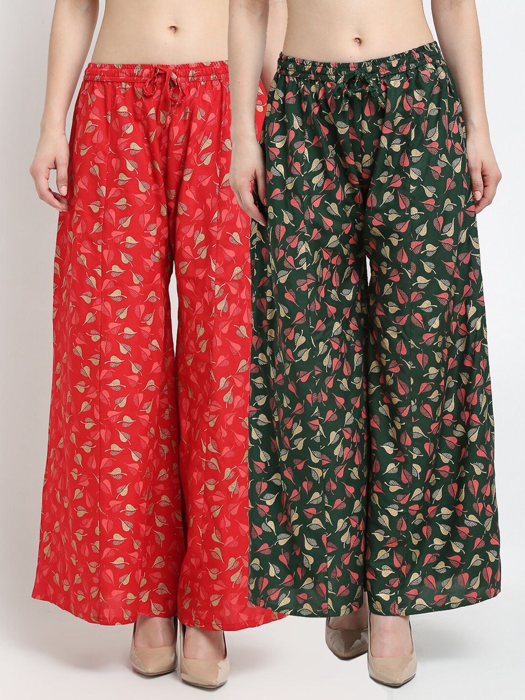 Jinfo Pack of 2 Women Red & Green Printed Flared Knitted Ethnic Palazzos Price in India