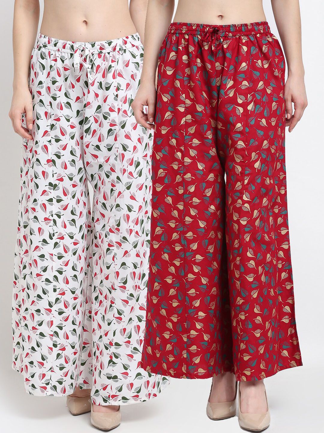 Jinfo Women Pack of 2 White & Maroon Floral Printed Flared Knitted Ethnic Palazzos Price in India