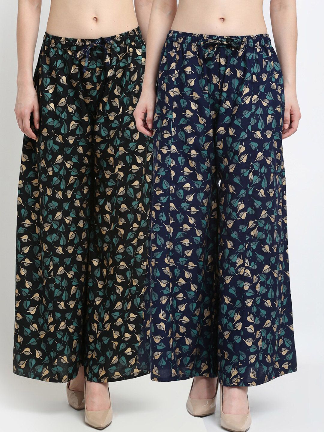 Jinfo Women Black & Navy Blue Pack Of 2 Printed Flared Knitted Ethnic Palazzos Price in India