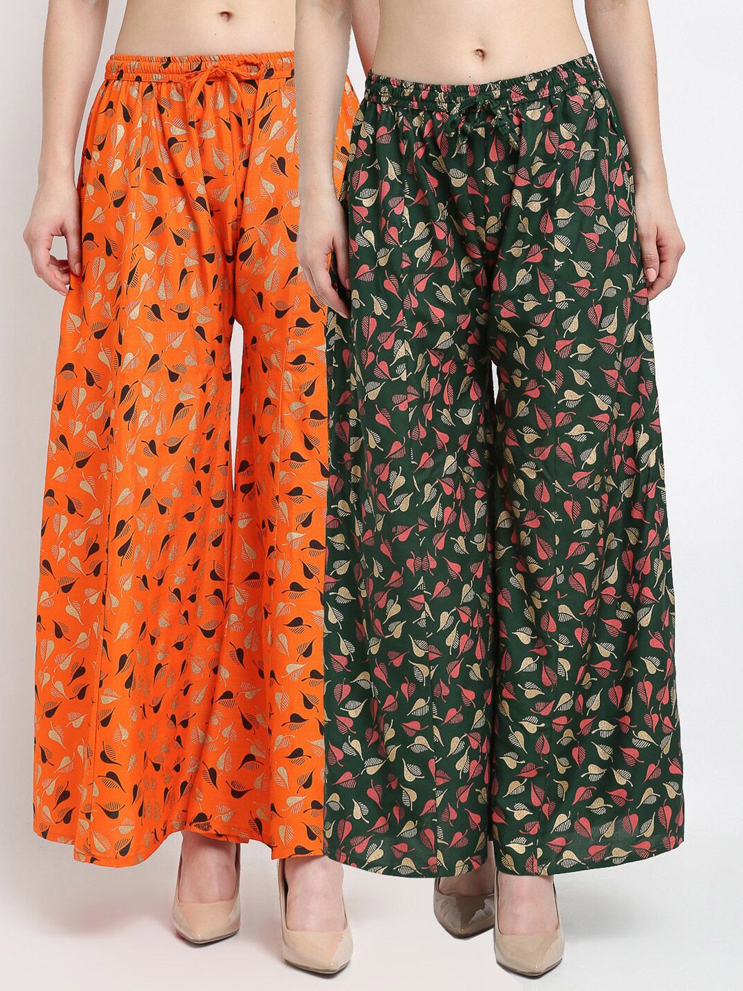 Jinfo Women Orange & Green 2 Printed Flared Knitted Ethnic Palazzos Price in India