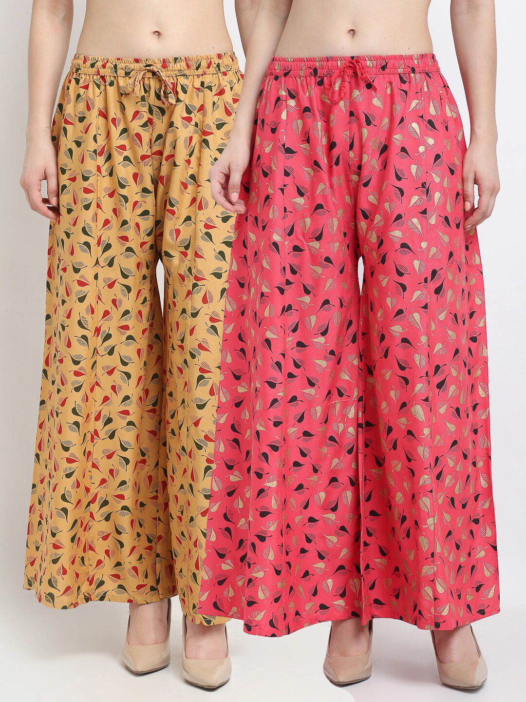 Jinfo Women Pack of 2 Beige & Peach-Coloured Printed Flared Knitted Ethnic Palazzos Price in India