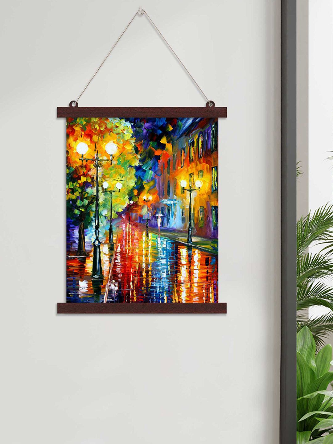 Art Street Red & Orange Beautiful Rainy Street Hanging Canvas Painting Wall Art Price in India