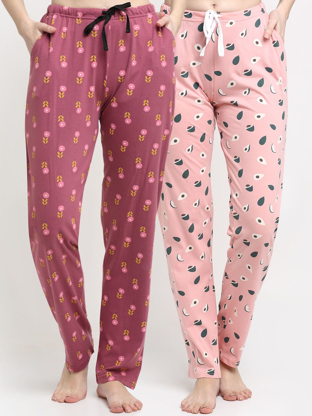 Kanvin Women Pack Of 2 Pink & Dark Pink Printed Pure Cotton Lounge Pants Price in India