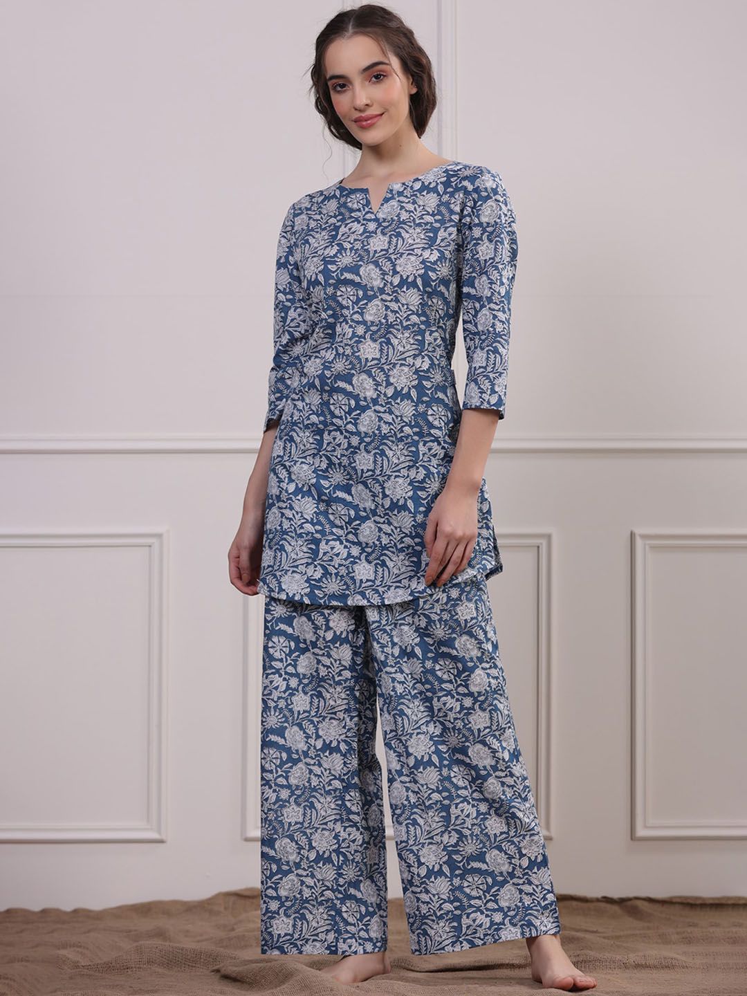 JISORA Women Blue Printed Night suit 100% Pure Cotton Price in India