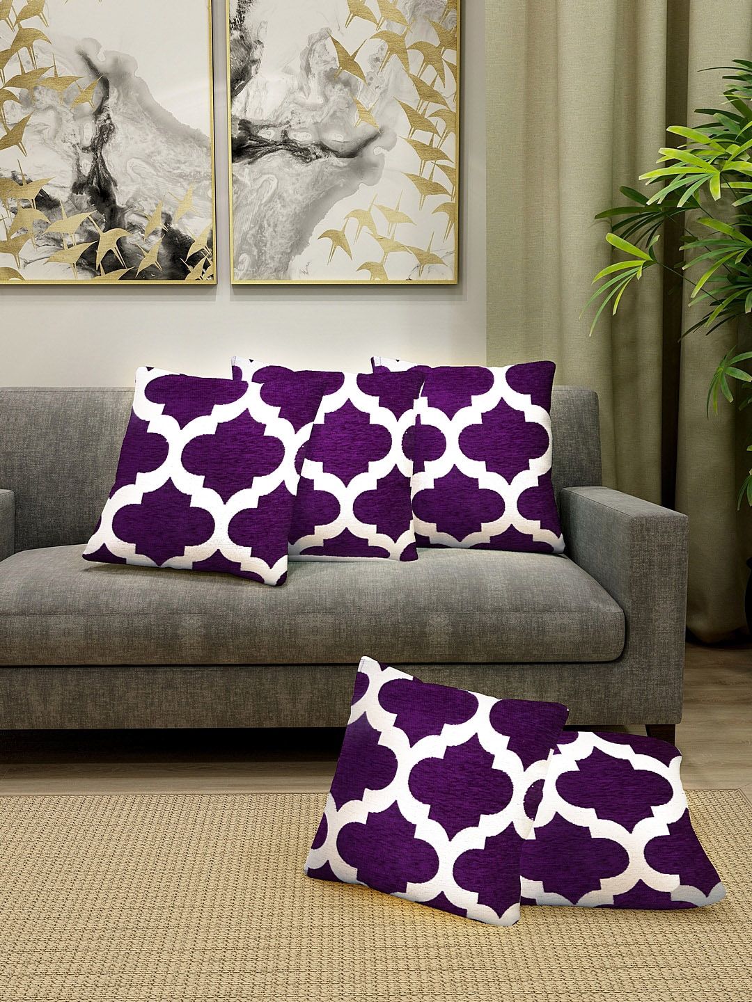 KLOTTHE Set of 5 Voilet & White Printed Filled Cotton Cushion Price in India