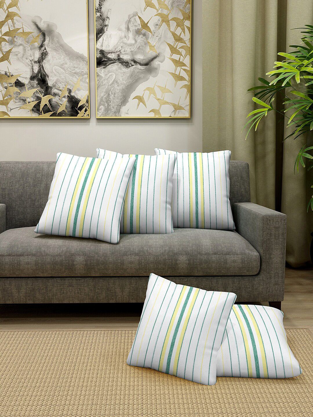 KLOTTHE Set of 5 White & Green Striped Cushion Covers with Fillers Price in India