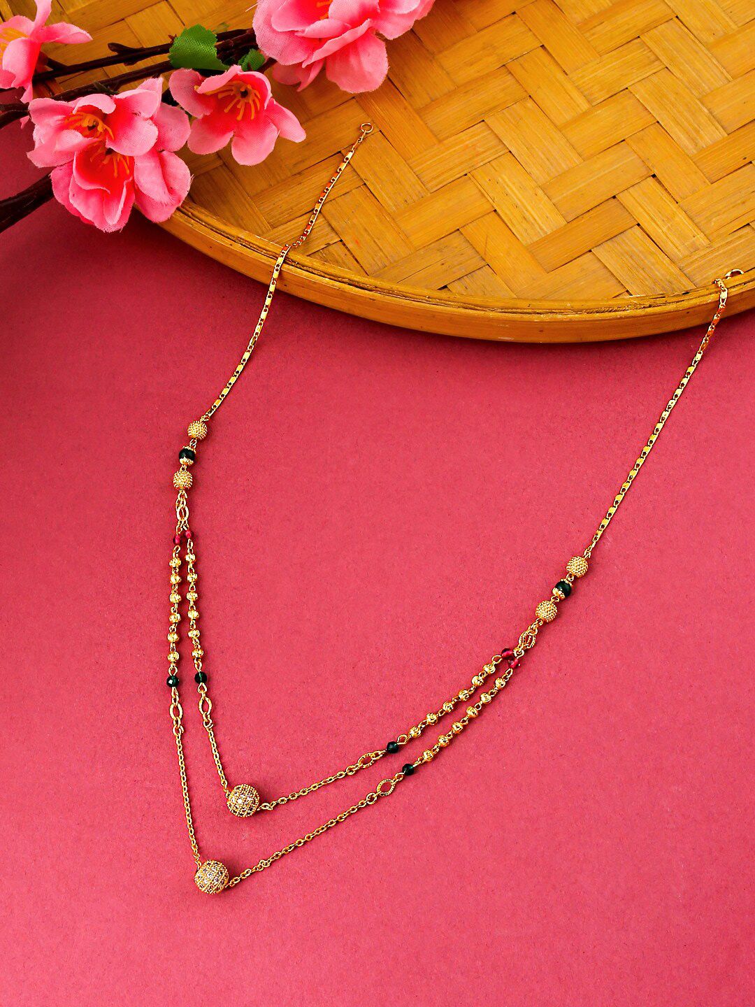 Yellow Chimes Gold-Toned & Green Brass Gold-Plated Layered Necklace Price in India