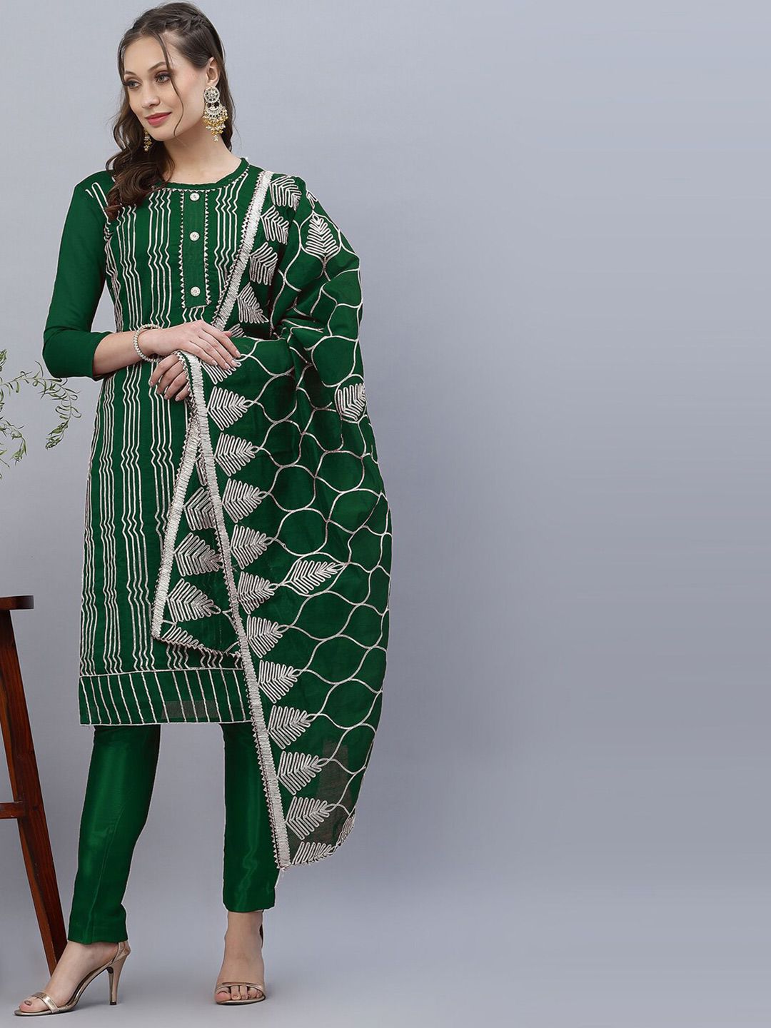 Satrani Green & Silver-Toned Lace Embroidered Unstitched Dress Material Price in India