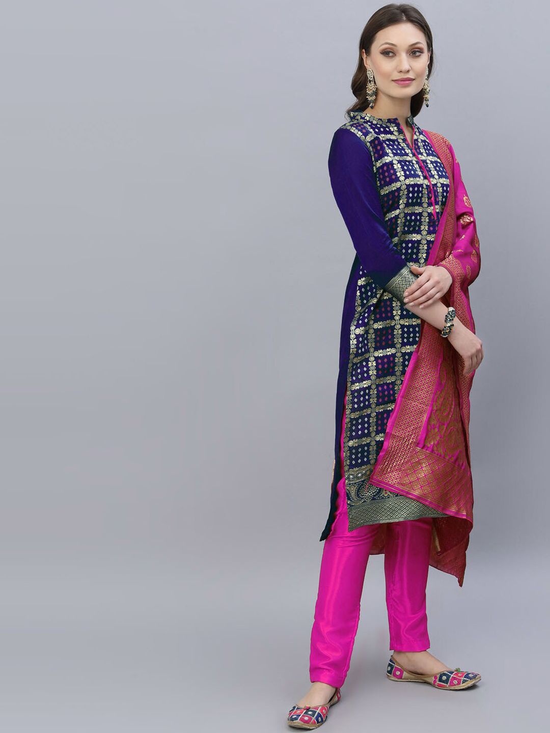 Satrani Navy Blue & Magenta Embroidered Unstitched Dress Material Price in India