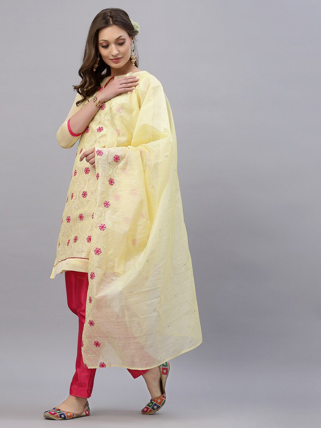 Satrani Yellow & Red Embroidered Unstitched Dress Material Price in India