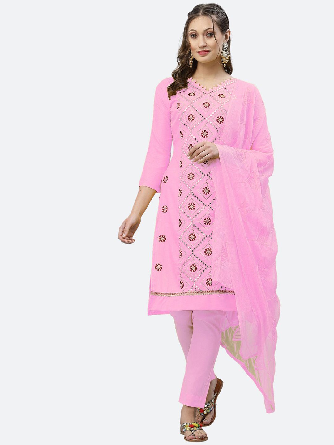 Satrani Pink Embroidered Unstitched Dress Material Price in India
