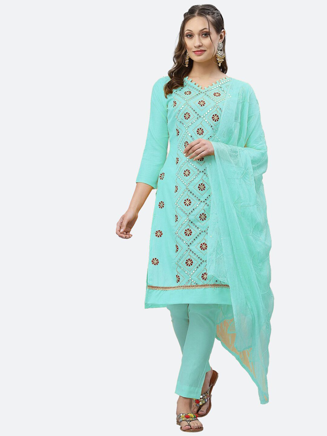 Satrani Sea Green & Maroon Embroidered Unstitched Dress Material Price in India