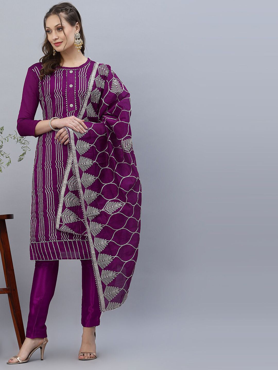 Satrani Purple & Silver-Toned Lace Embroidered Unstitched Dress Material Price in India