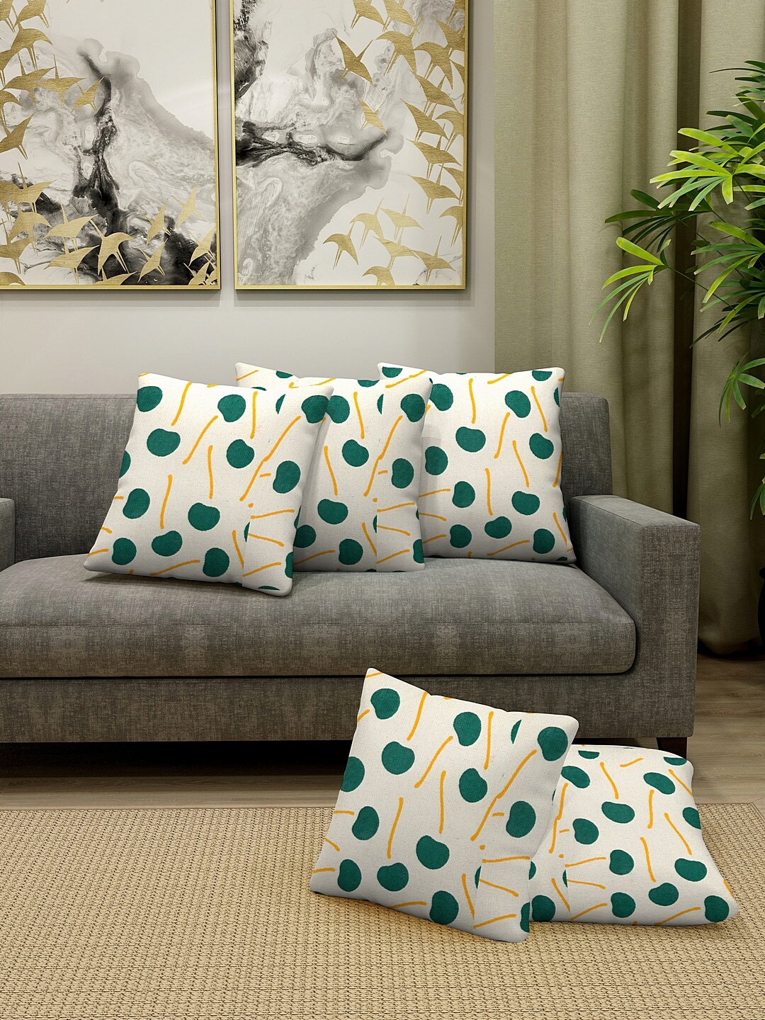 KLOTTHE Set of 5 Green Printed Square Floor Cushions Price in India