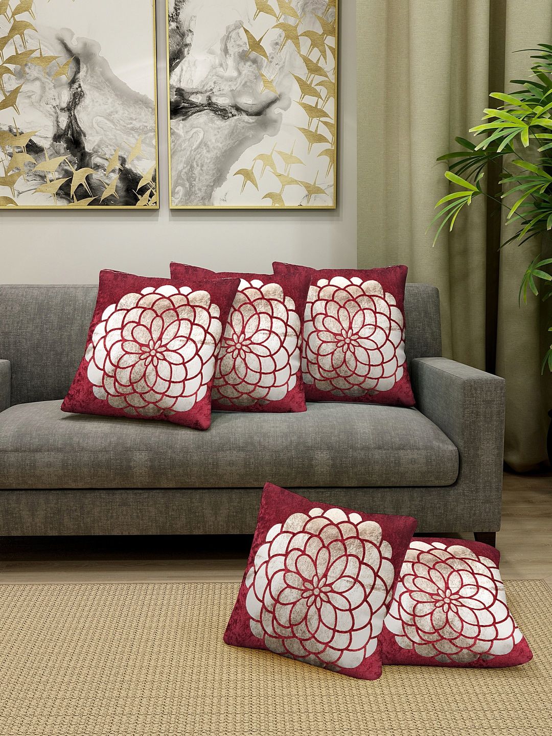 KLOTTHE Set of 5 Maroon & White Printed Cushion Covers With Fillers Price in India