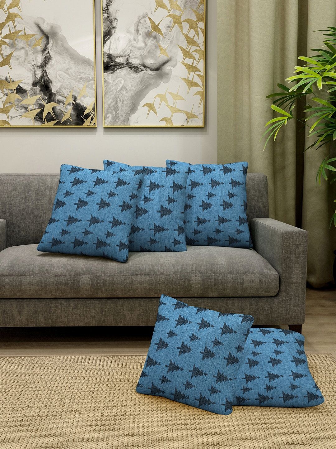 KLOTTHE Set Of 5 Blue Printed Square Floor Cushions Price in India