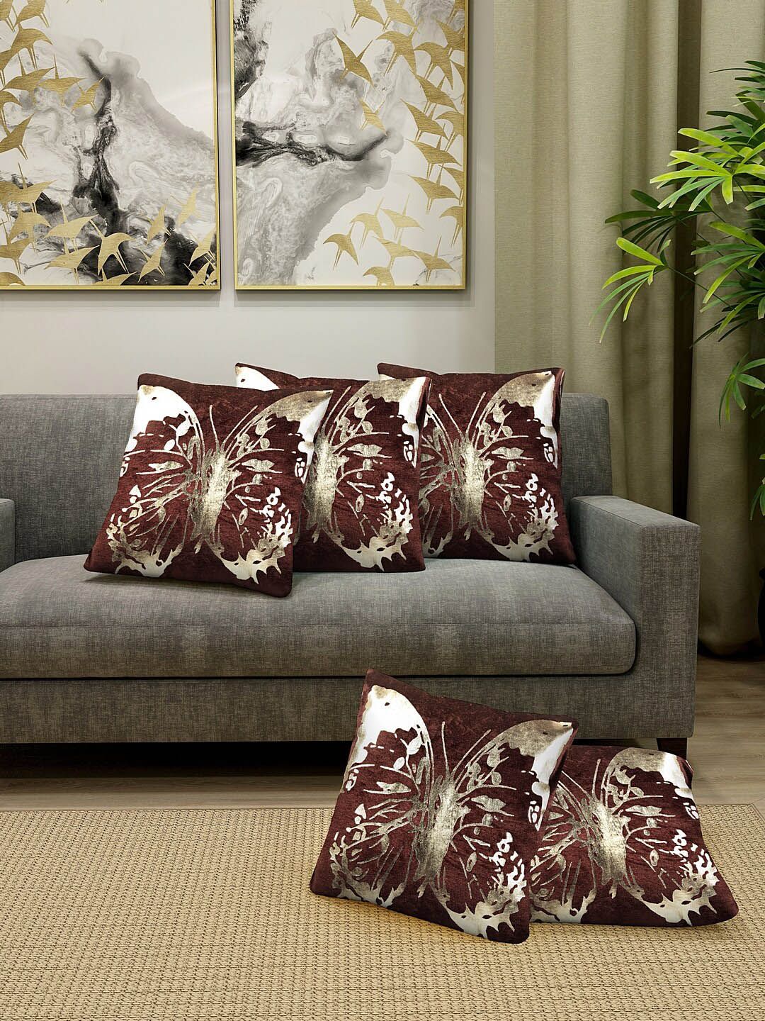 KLOTTHE Set Of 5 Brown & Gold-Coloured Printed Cushions Price in India