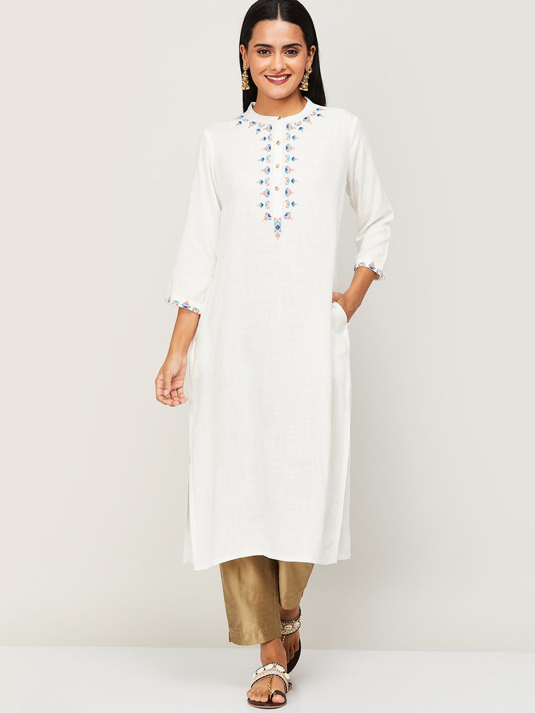 Melange by Lifestyle Women White Embroidered Thread Work Kurta Price in India