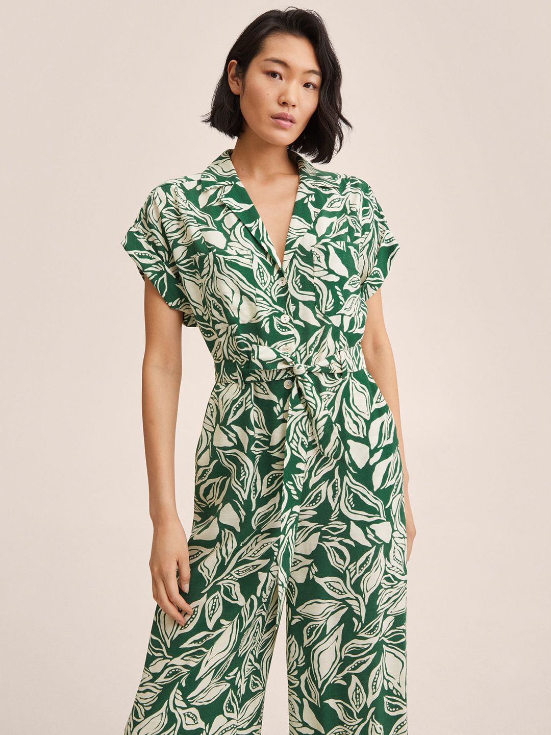 MANGO Women Green & Off White Abstract Printed Extended Sleeves Shirt Collar Jumpsuit Price in India