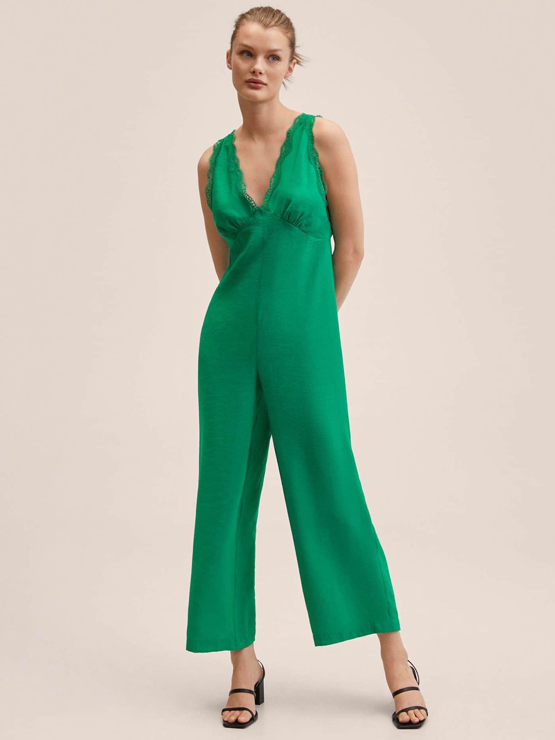 MANGO Green Solid Basic Jumpsuit with Lace Inserts Price in India