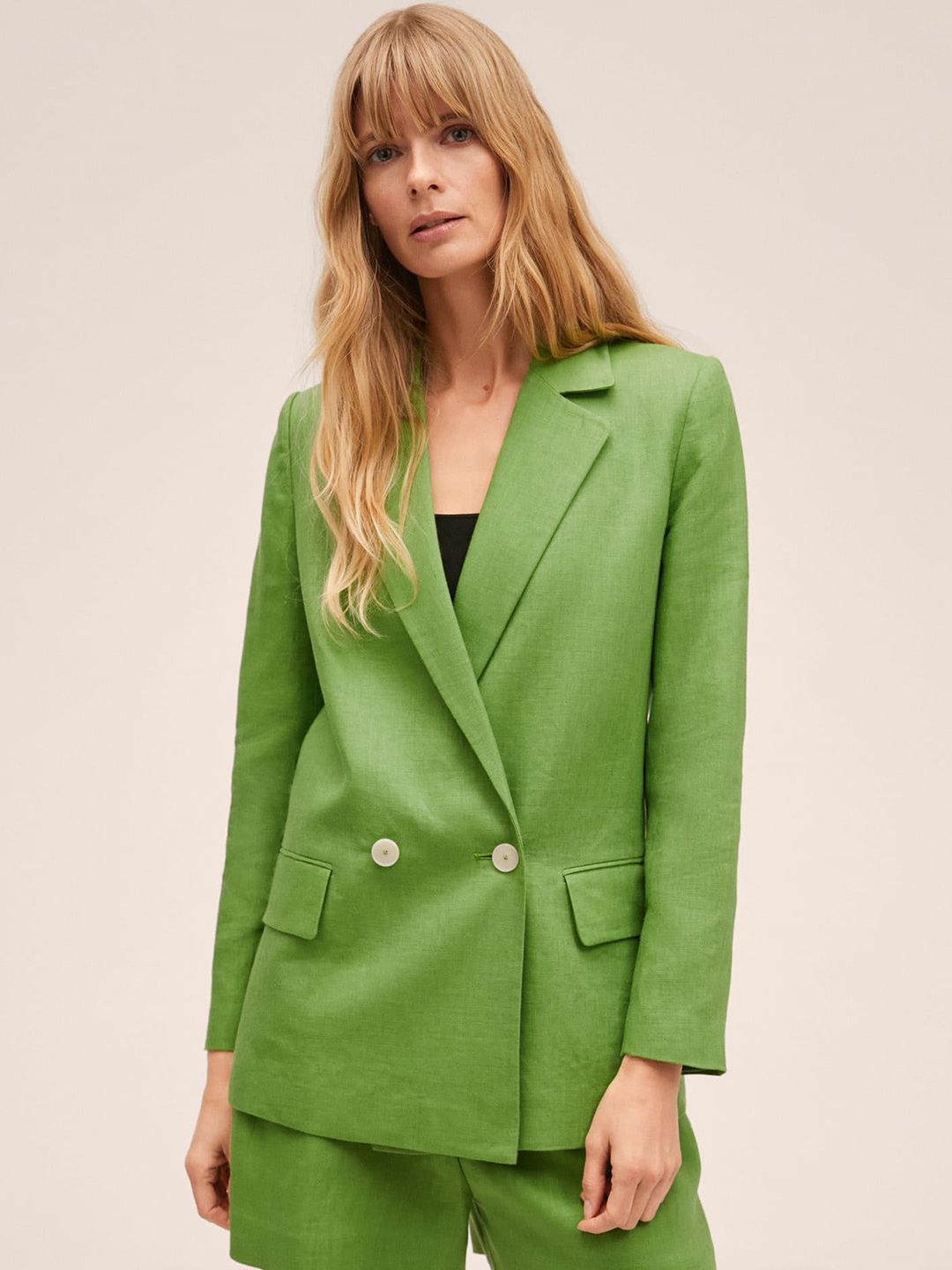 MANGO Women Green Solid Double-Breasted Blazer Price in India