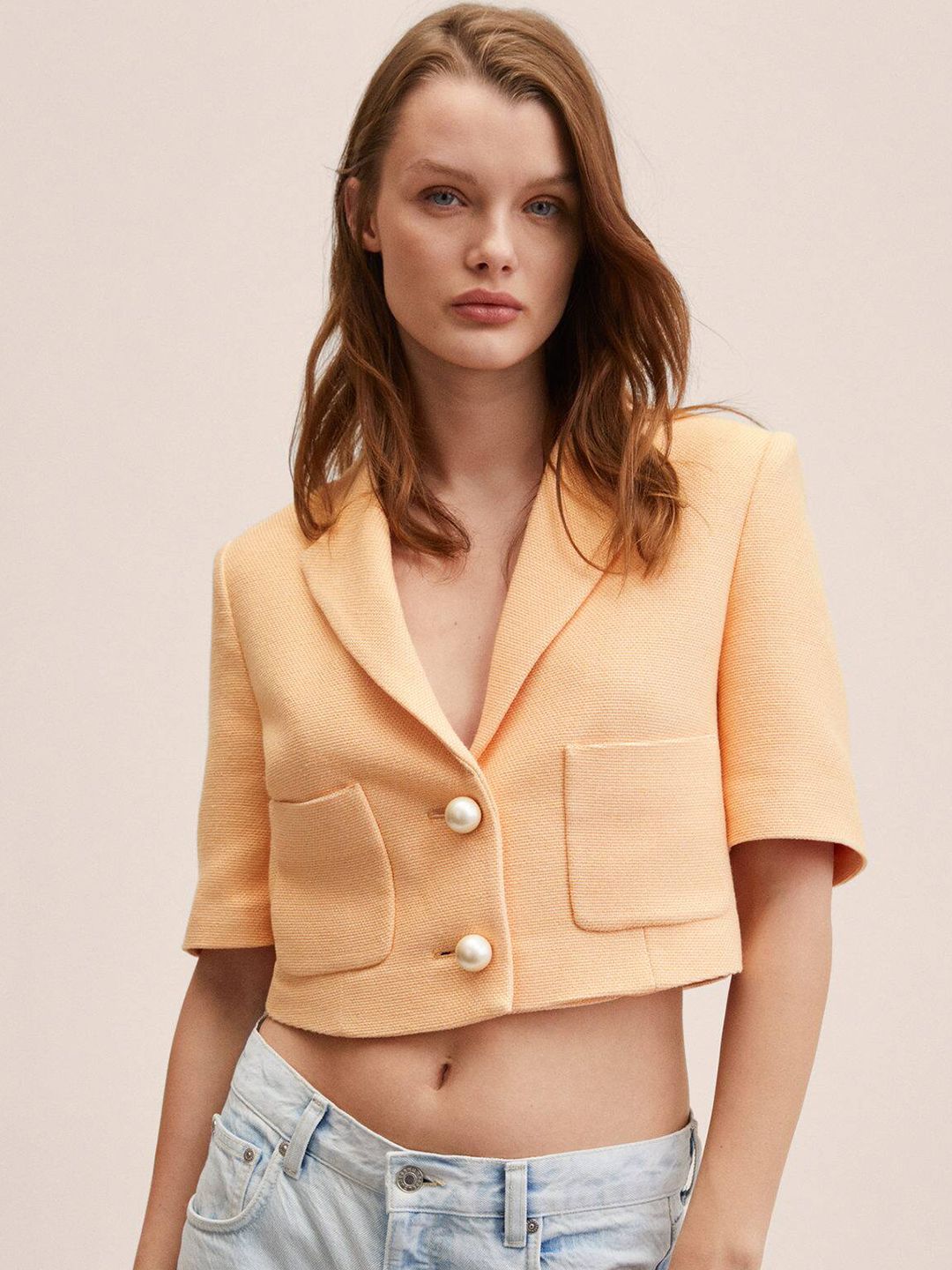 MANGO Women Peach-Coloured Regular Fit Cropped Smart Casual Blazer Price in India