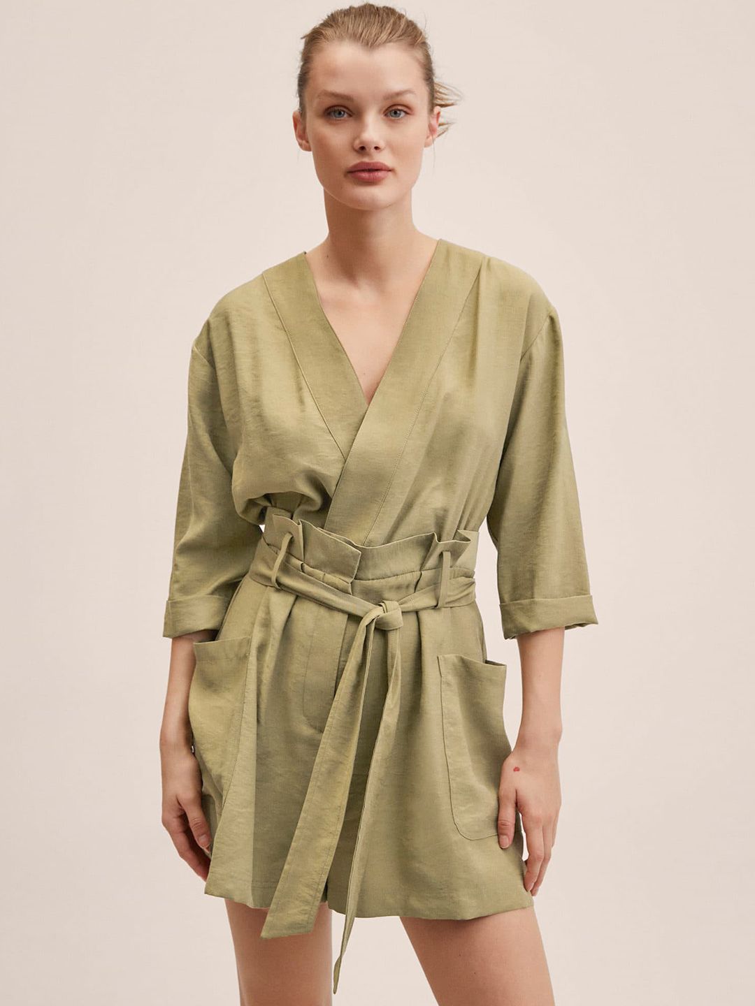 MANGO Women Olive Green Solid Playsuit Comes With a Belt Price in India