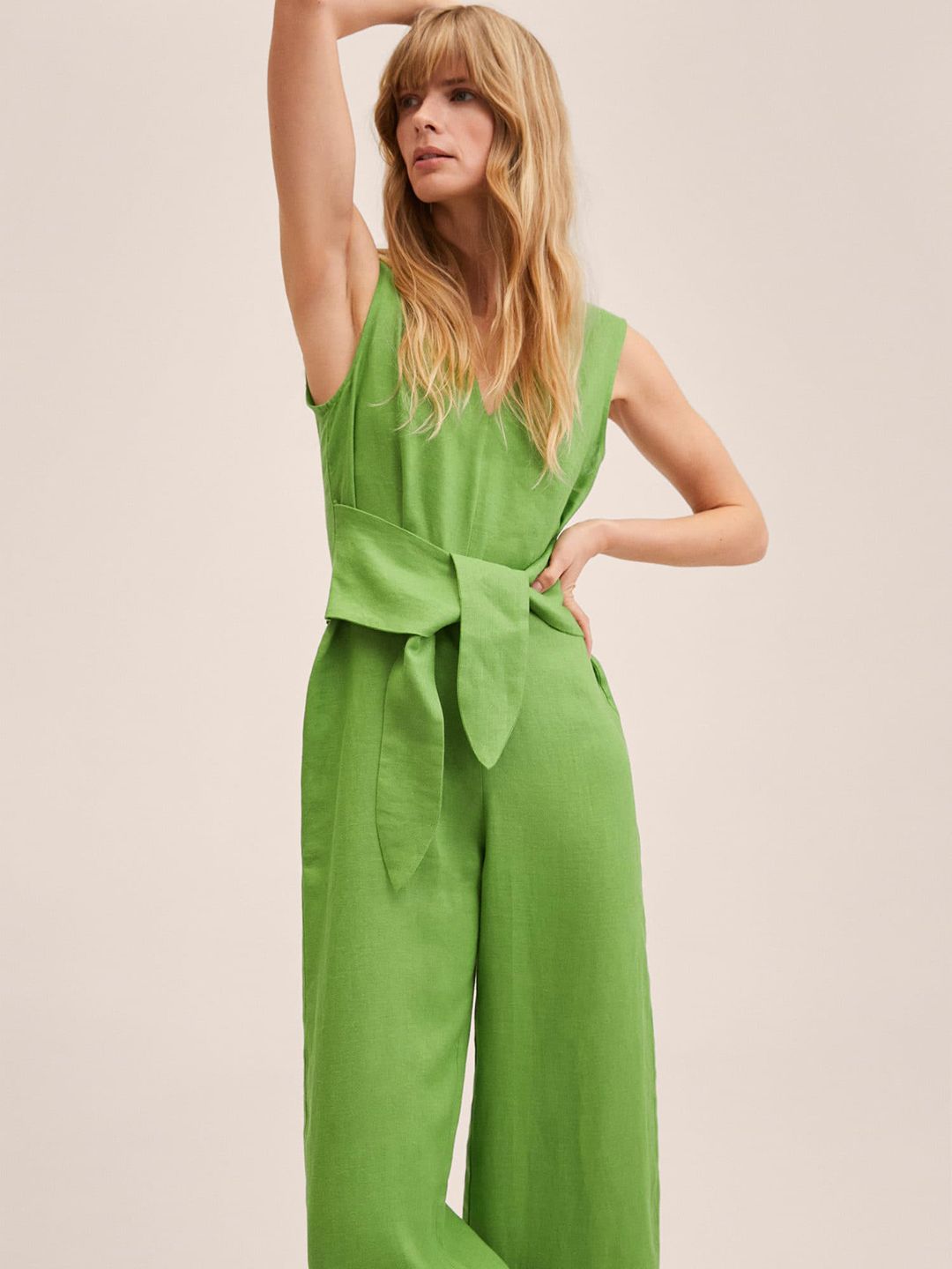 MANGO Women Green Pure Linen Solid Basic Jumpsuit Price in India