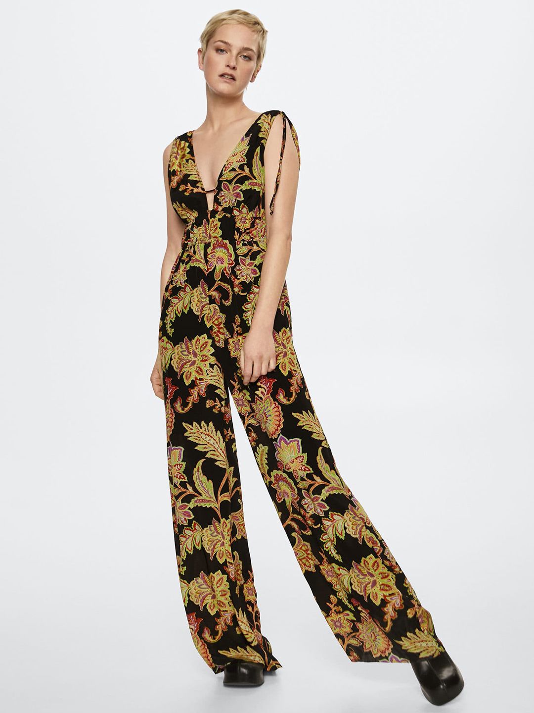 MANGO Women Black & Red Ethnic Motifs Printed Basic Jumpsuit Price in India