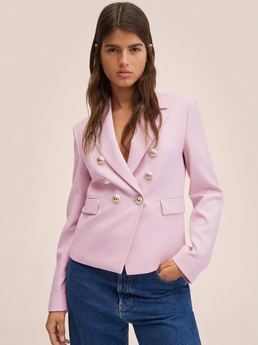 MANGO Women Pink Solid Tailored Fit Double-Breasted Blazer Price in India