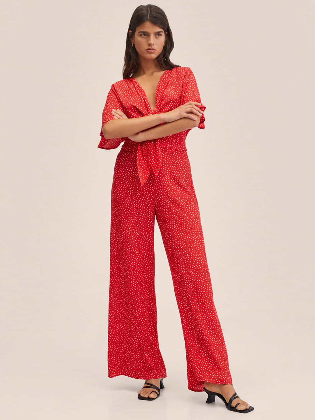 MANGO Red & Off White Printed Basic Jumpsuit Price in India