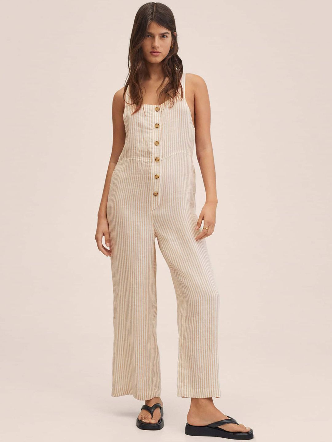 MANGO Women Beige & White Striped Pure Linen Basic Jumpsuit Price in India