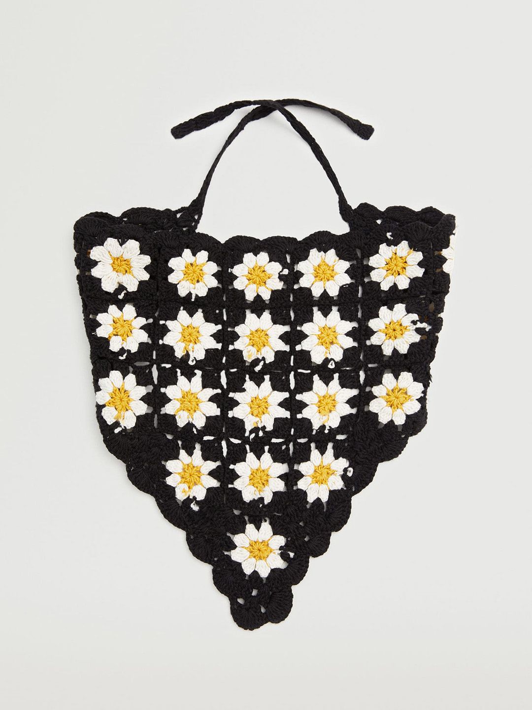 MANGO Women Black & White Handmade Openwork Knit Floral Triangular Scarf Price in India