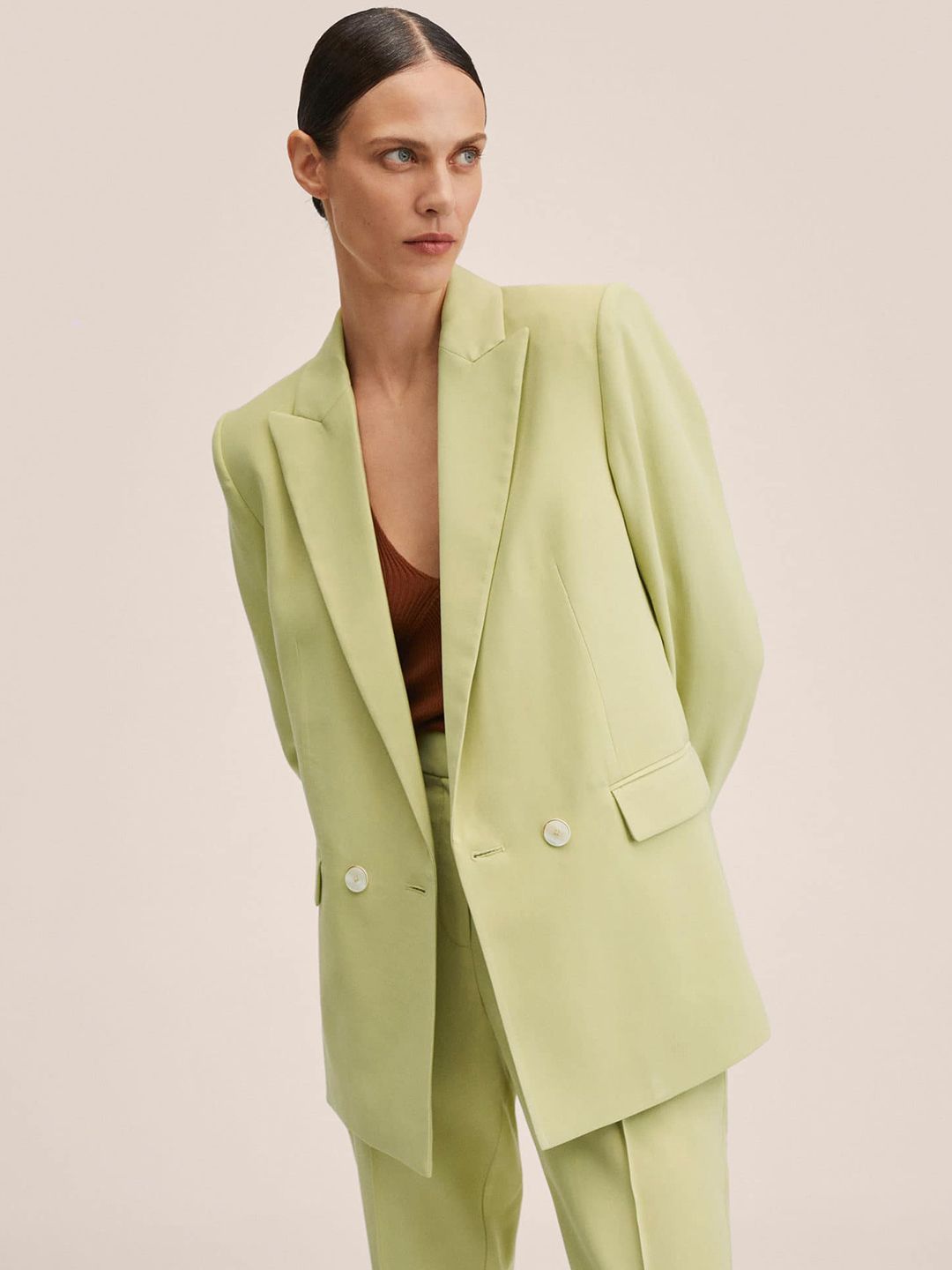 MANGO Women Green Solid Double-Breasted Oversized Fit Smart Casual Blazer Price in India