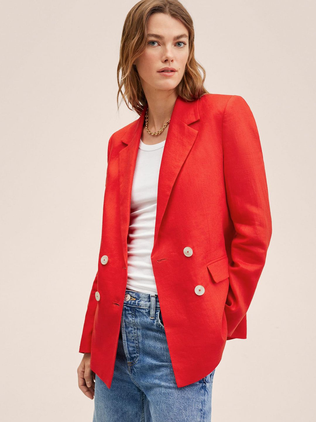 MANGO Women Red Solid Double-Breasted Blazer Price in India