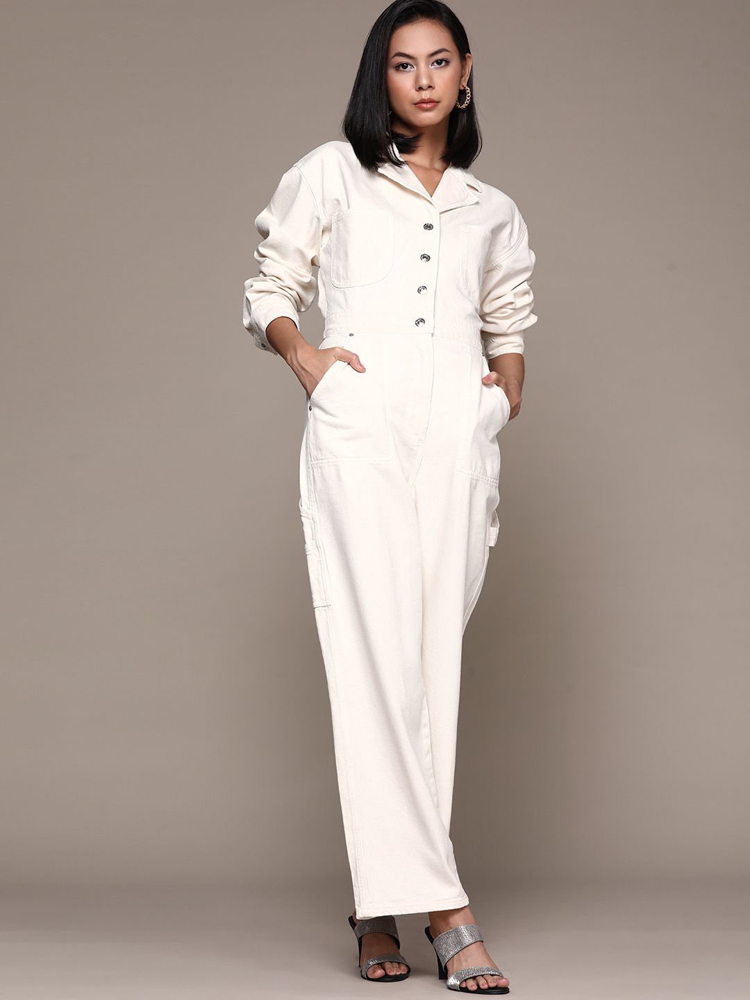 MANGO White Solid Denim Basic Jumpsuit Price in India