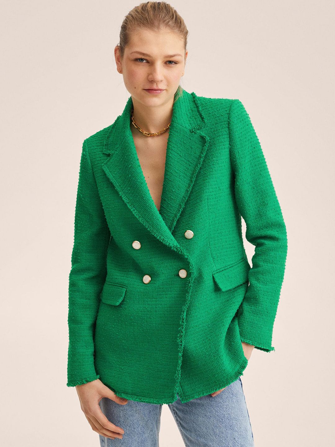 MANGO Women Green Tweed Double-Breasted Oversize Fit Blazer Price in India