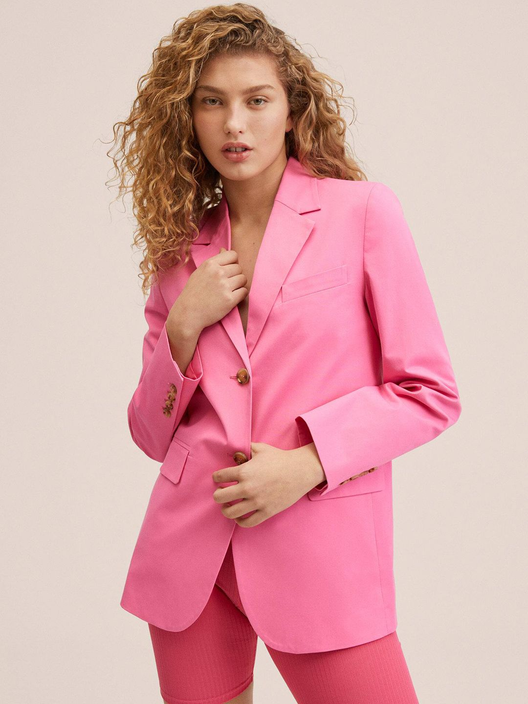 MANGO Women Pink Solid Single-Breasted Blazer Price in India