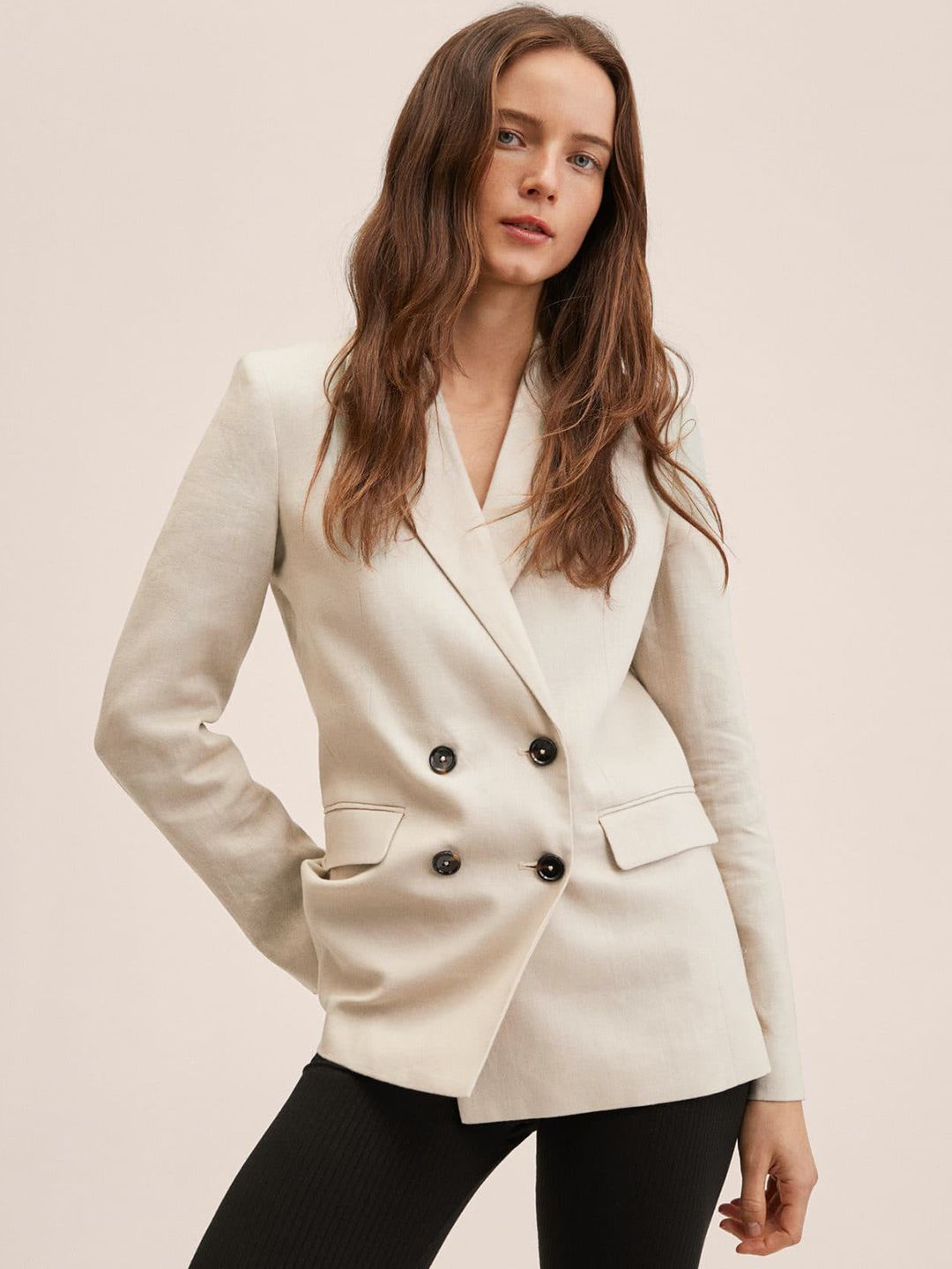 MANGO Women Taupe Solid Double-Breasted Blazer Price in India