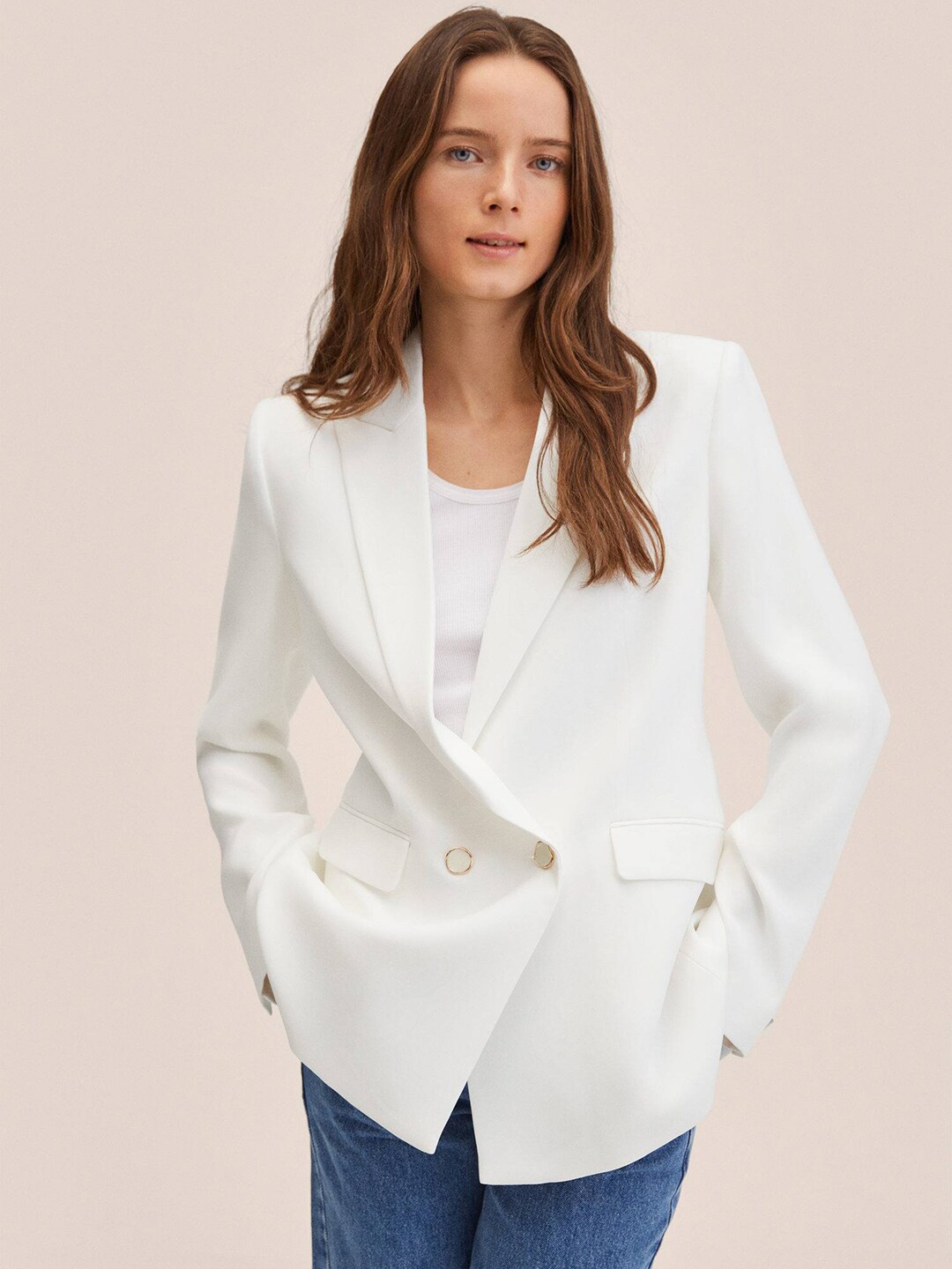 MANGO Women White Regular Fit Solid Double-Breasted Smart Casual Blazer Price in India