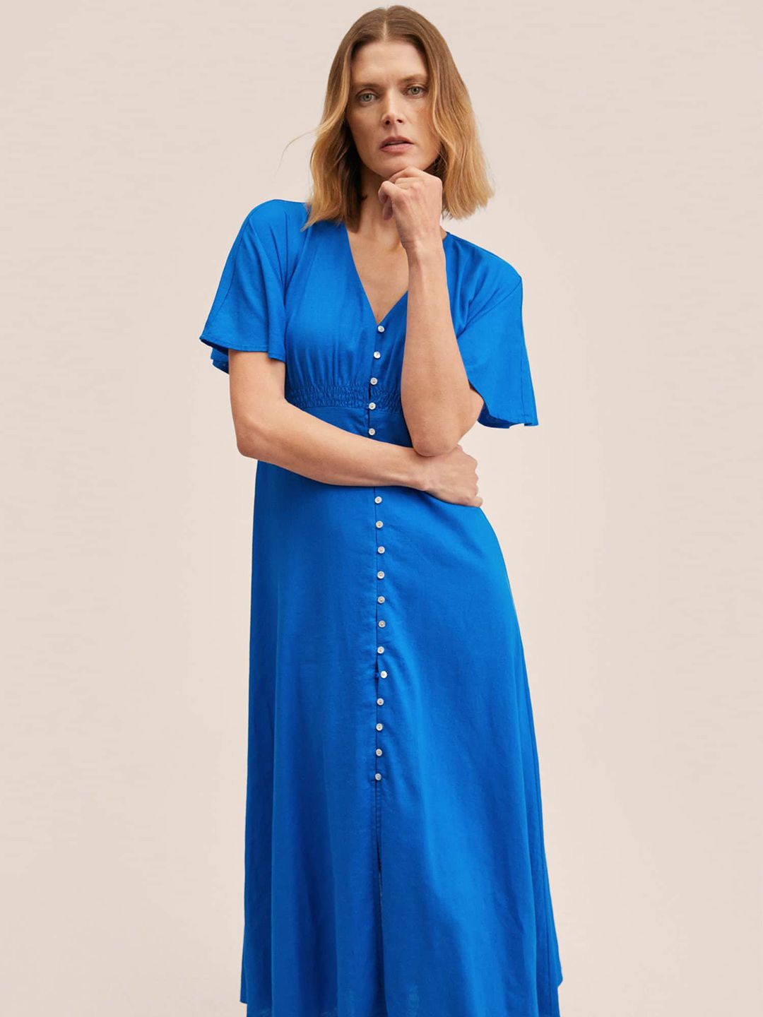 MANGO Blue Linen A-Line Midi Dress Price in India