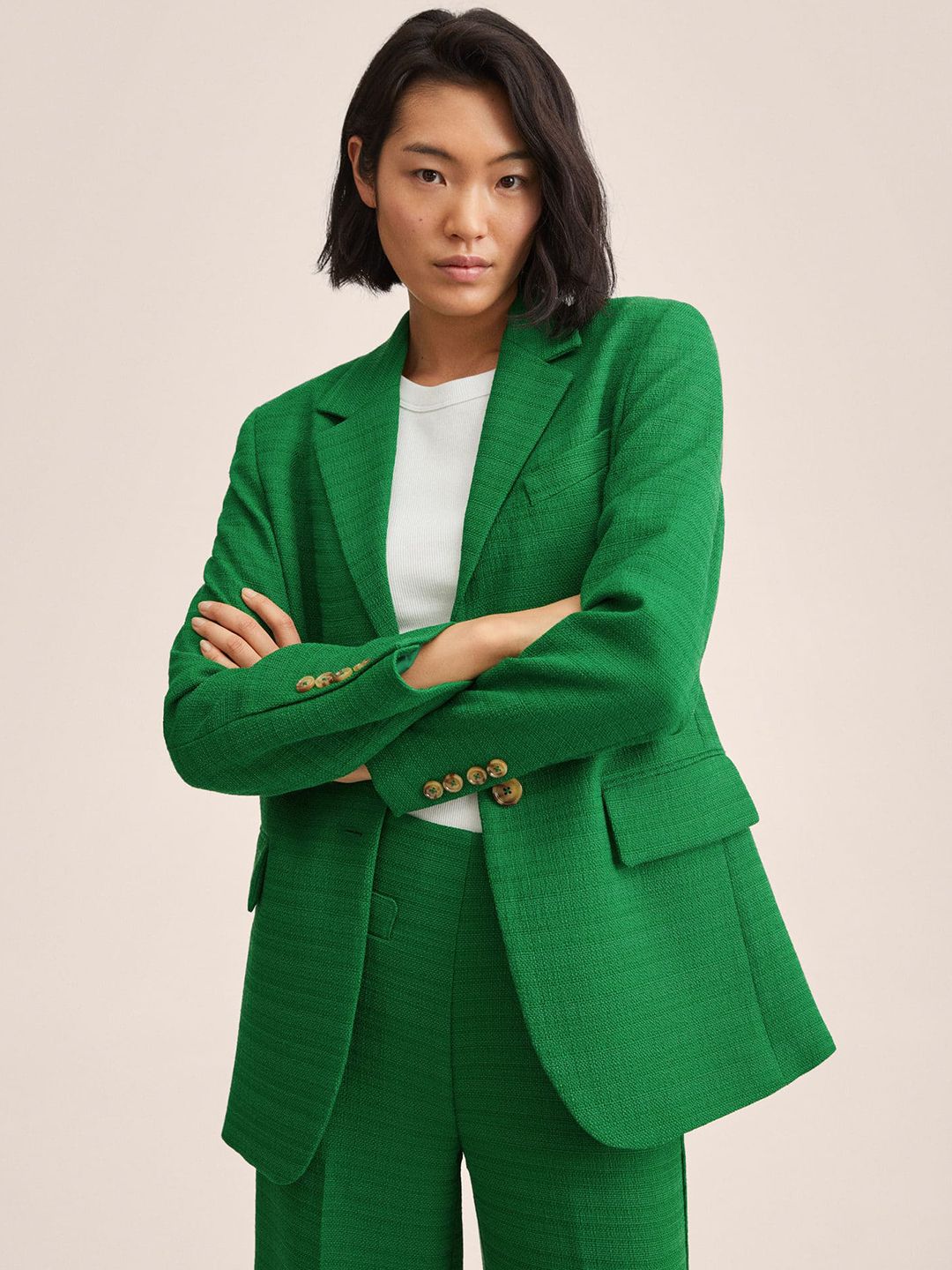 MANGO Women Green Self-Design Tweed Single-Breasted Blazer Price in India
