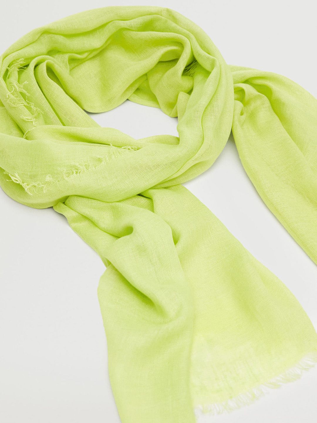 MANGO Women Fluorescent Green Solid Frayed Border Scarf Price in India