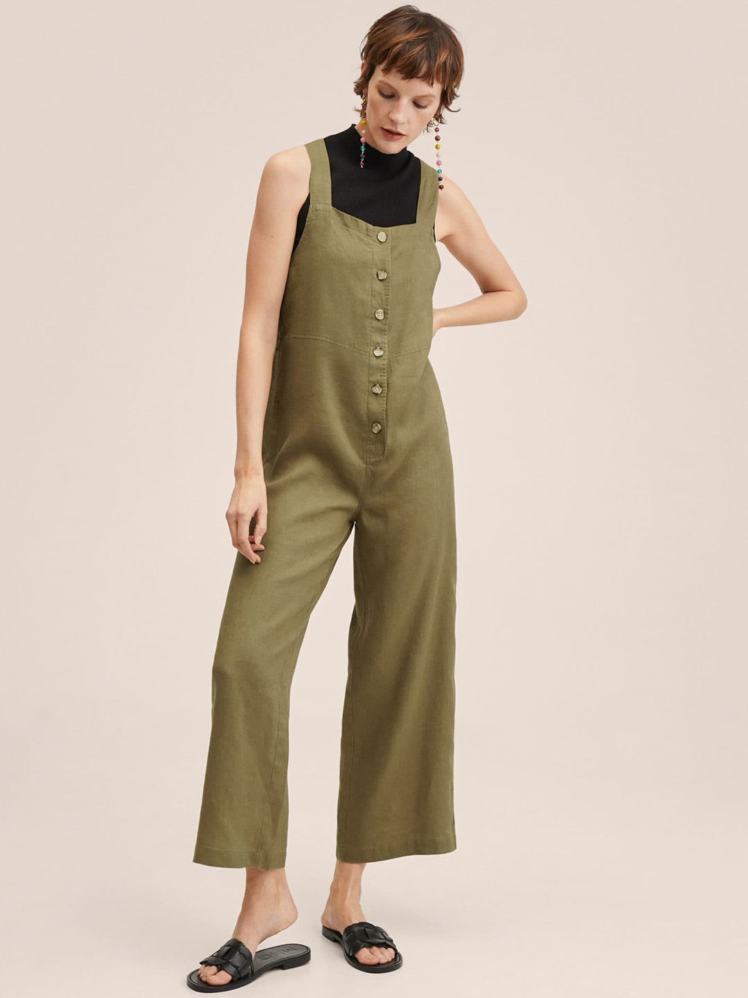 MANGO Women Olive Green Solid Pure Linen Basic Jumpsuit Price in India