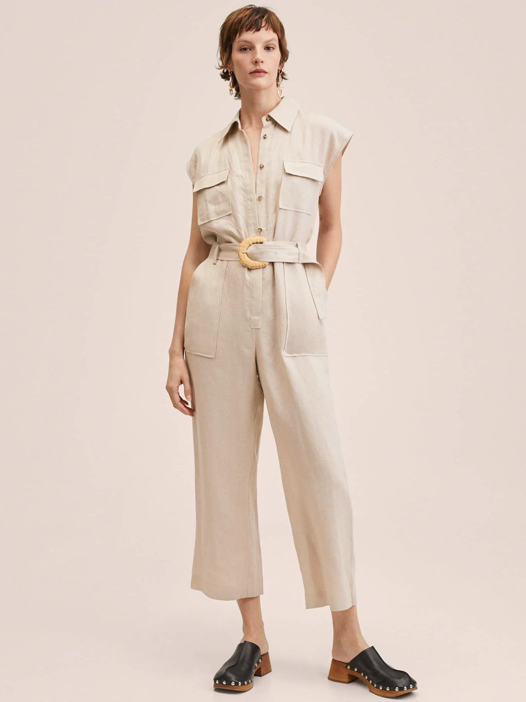 MANGO Women Beige Solid Pure Linen Culotte Jumpsuit Comes with a Belt Price in India