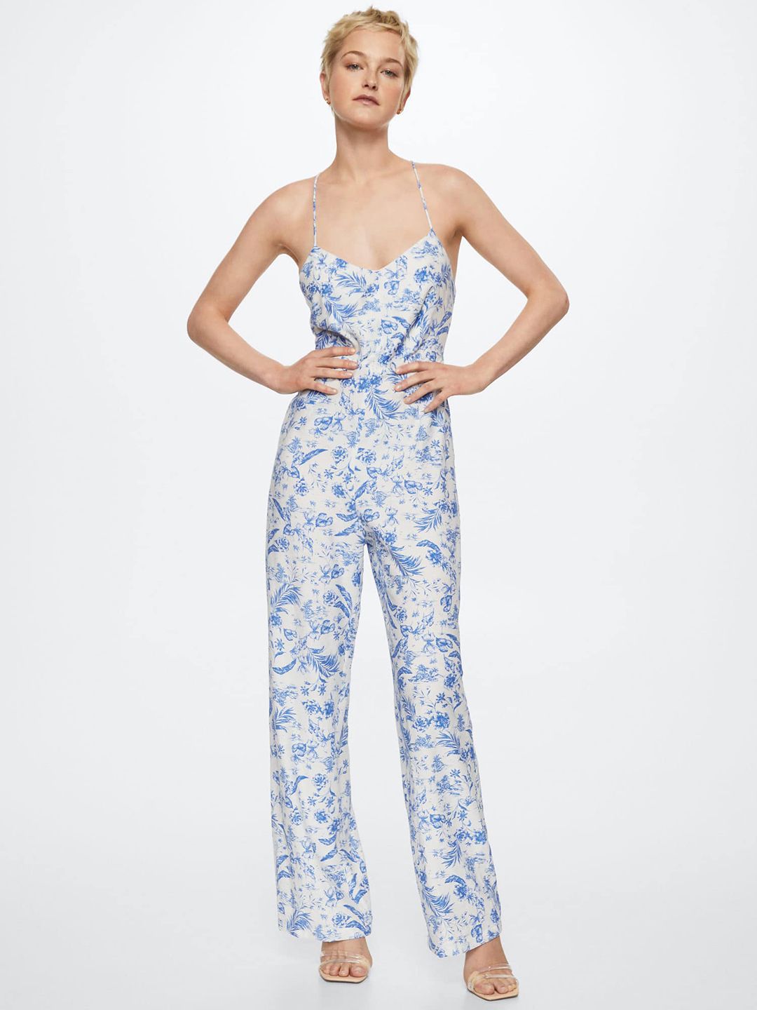 MANGO White & Blue Printed Basic Jumpsuit Price in India