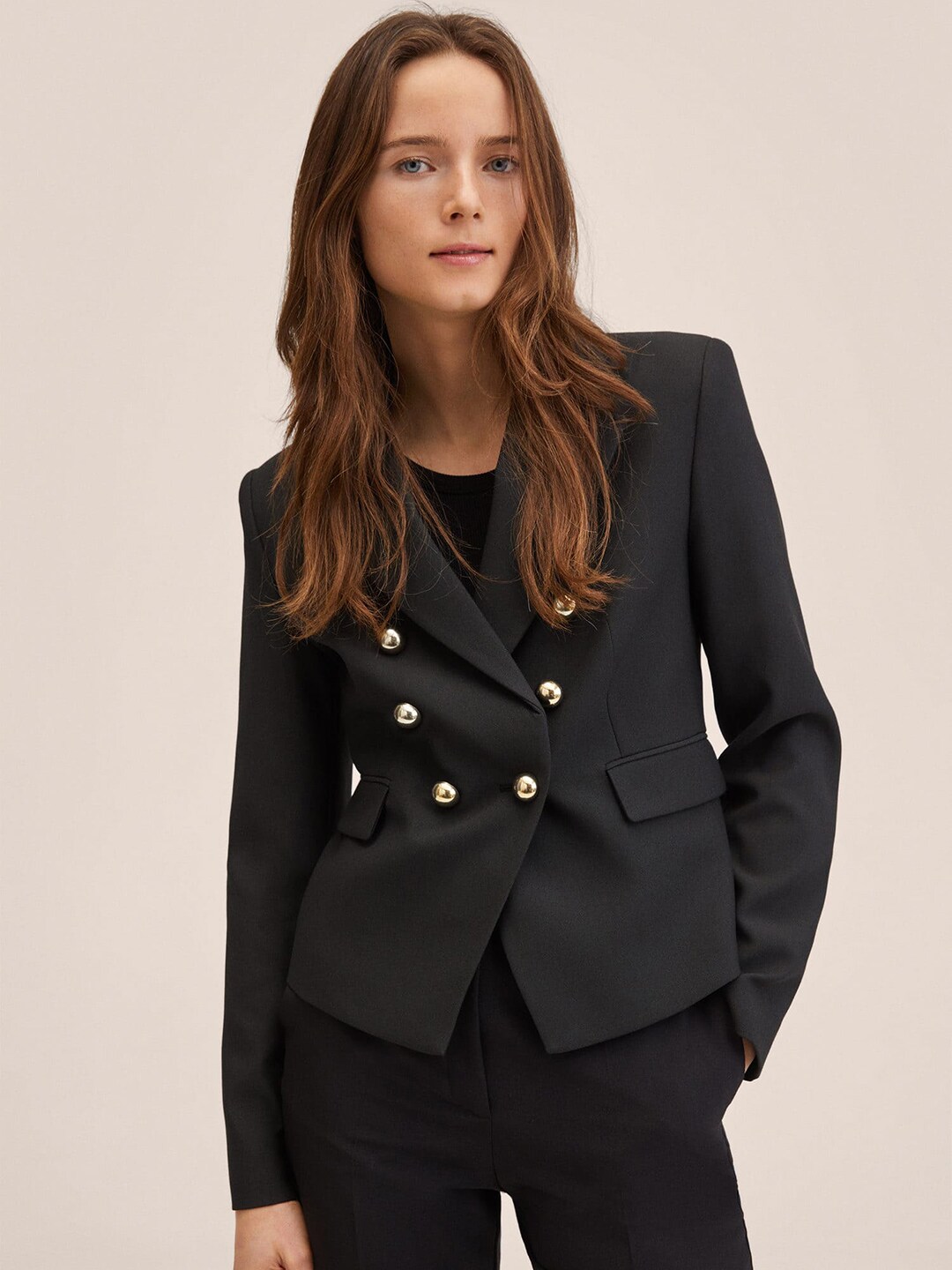 MANGO Women Black Solid Double-Breasted Blazer Price in India