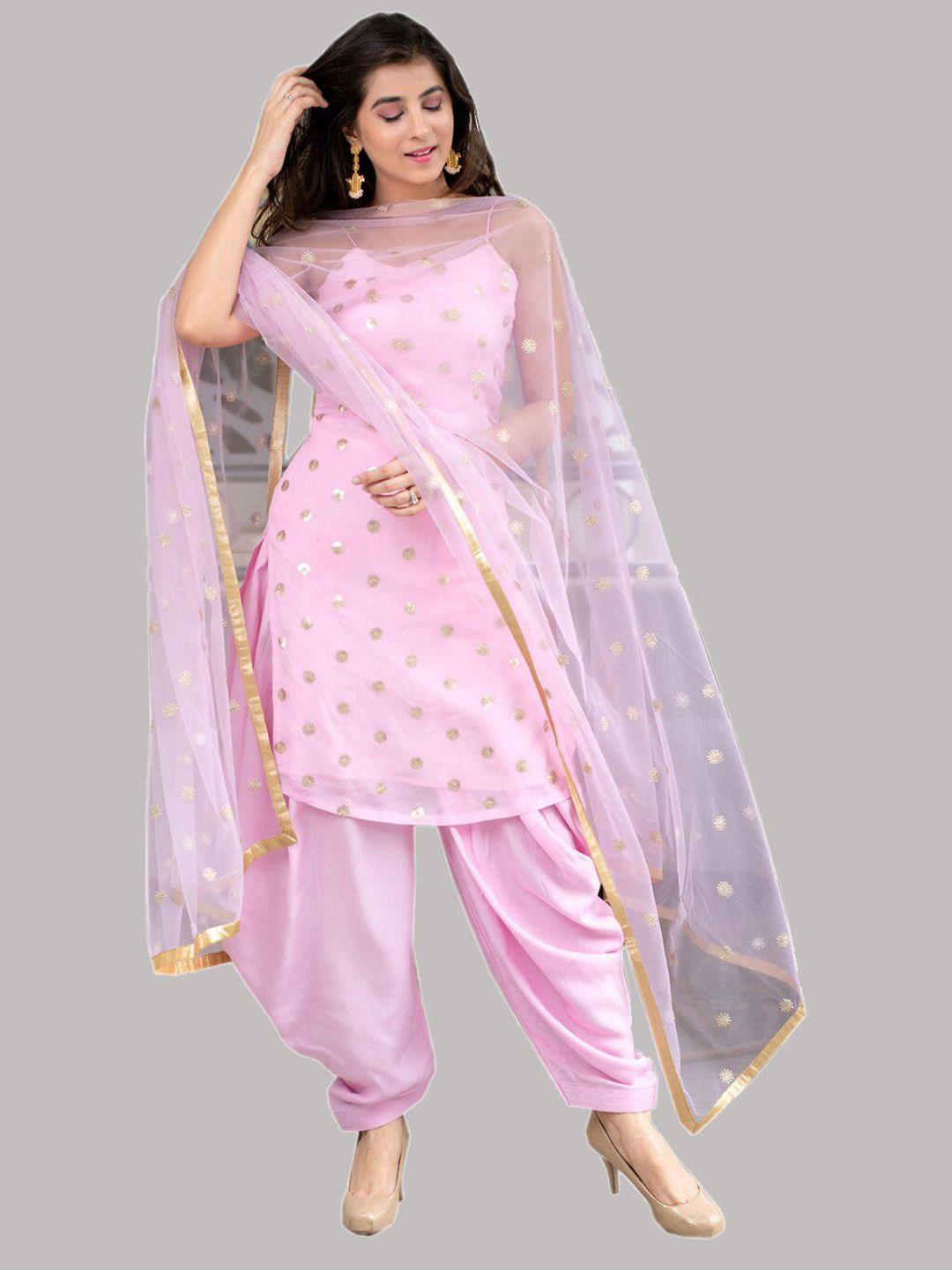 Fashion Basket Pink & Gold-Toned Silk Georgette Semi-Stitched Dress Material Price in India