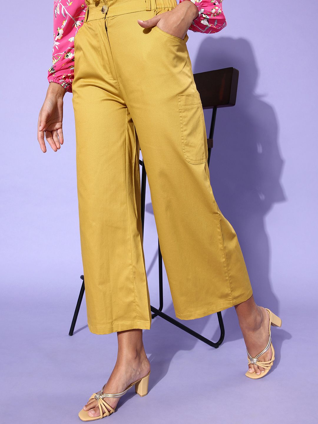 abof Women Charming Mustard Solid Wide Leg Bottom Trousers Price in India